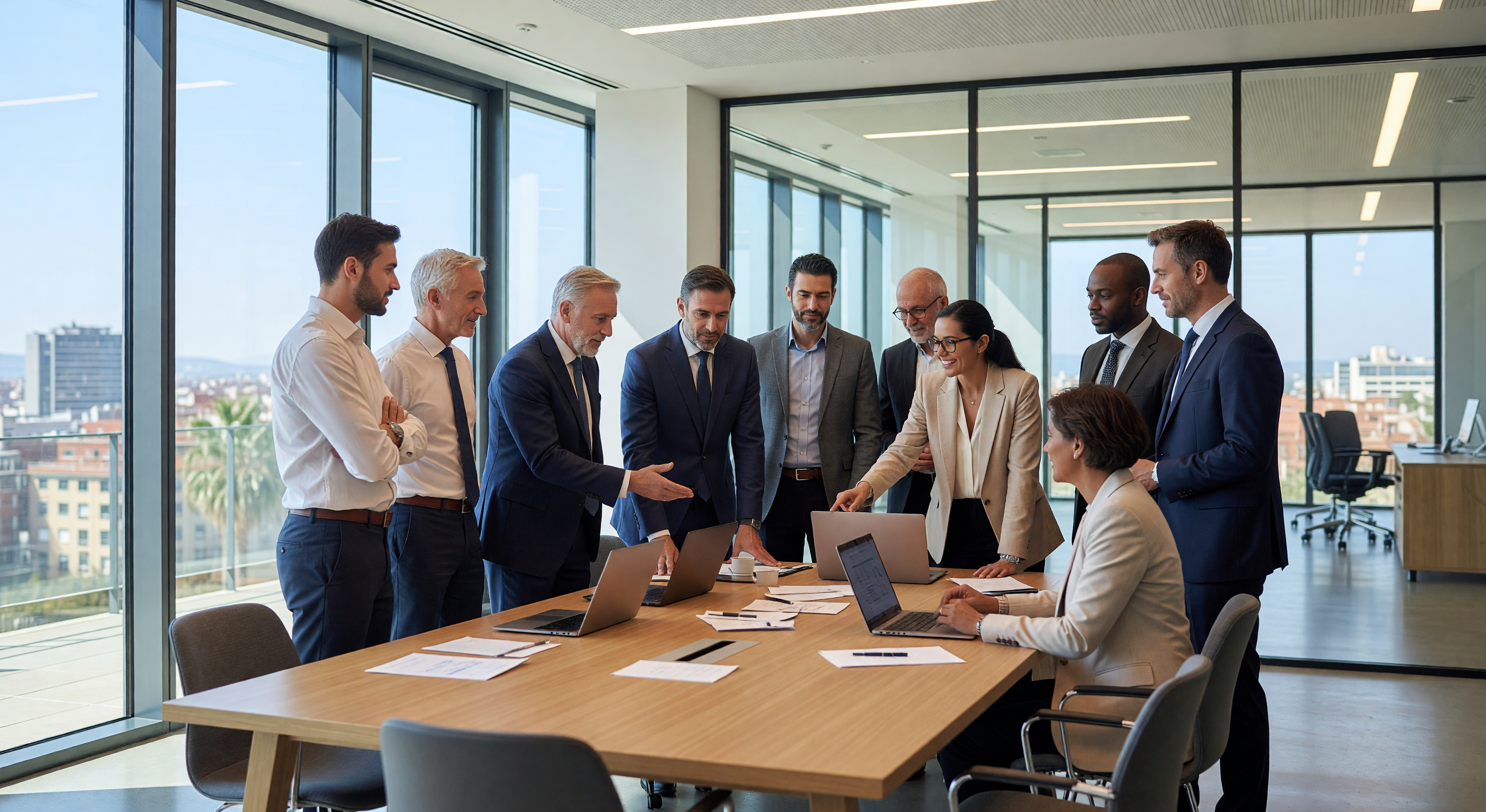 Equipo diverso de liderazgo en sesión de trabajo colaborativo
